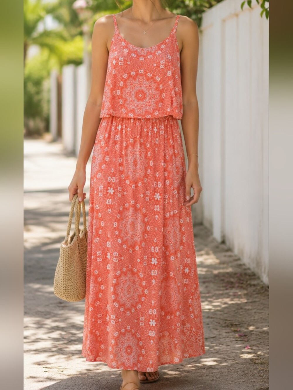 Maison Jules Coral White Medallion Print Maxi Dress Boho Sleeveless Flowy Resort